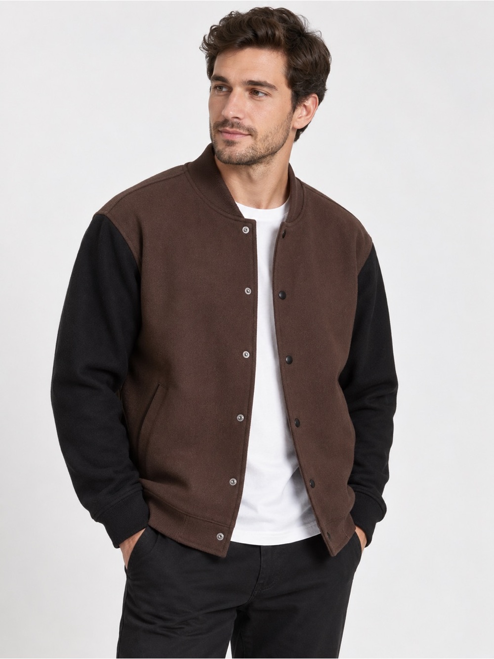 Banana Republic VARSITY VEGAN SUEDE JACKET Brown Body Black Sleeve Bomber S